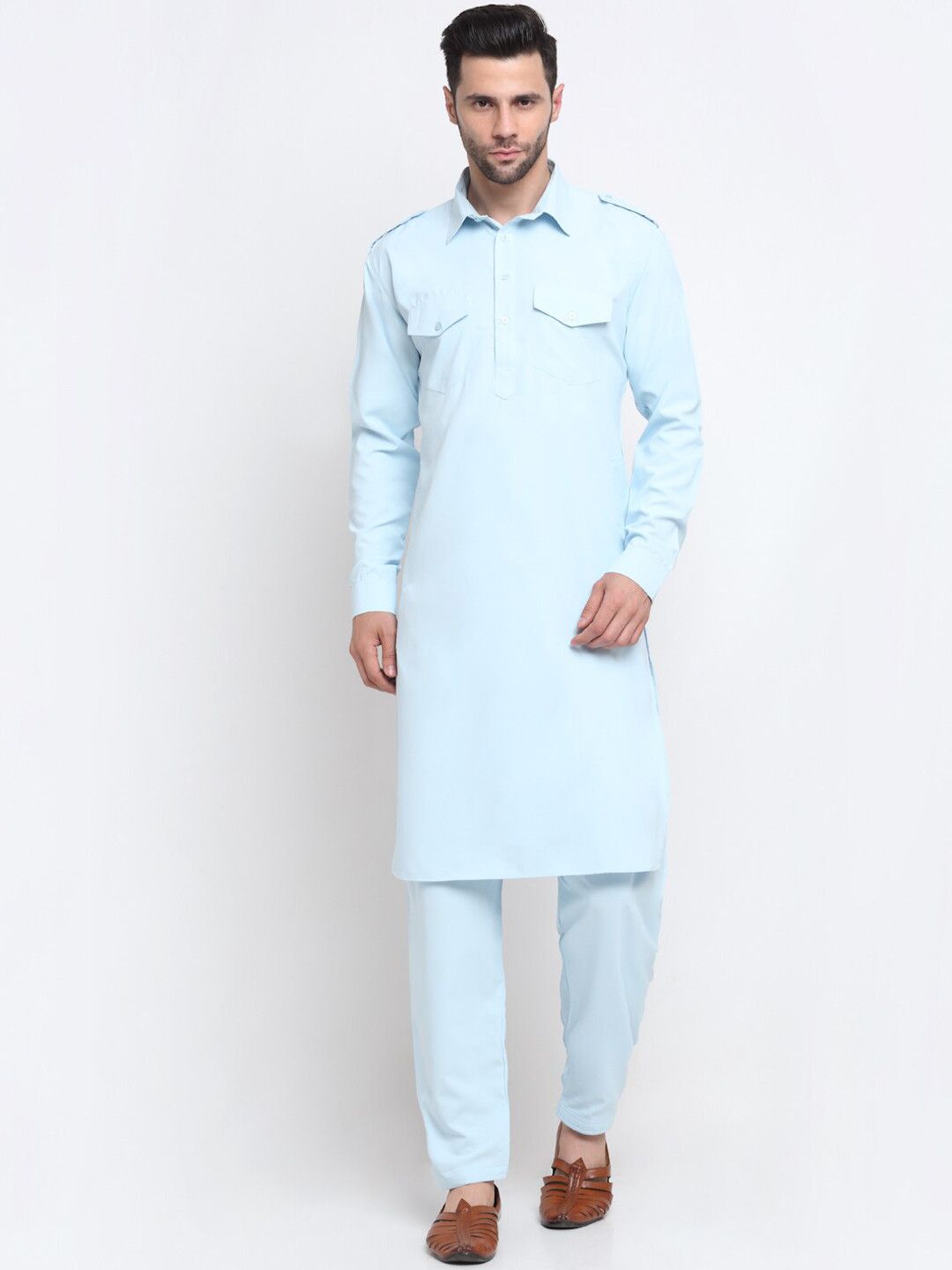 KRAFT INDIA Men Sky Blue Pure Cotton Pathani Kurta with Salwar