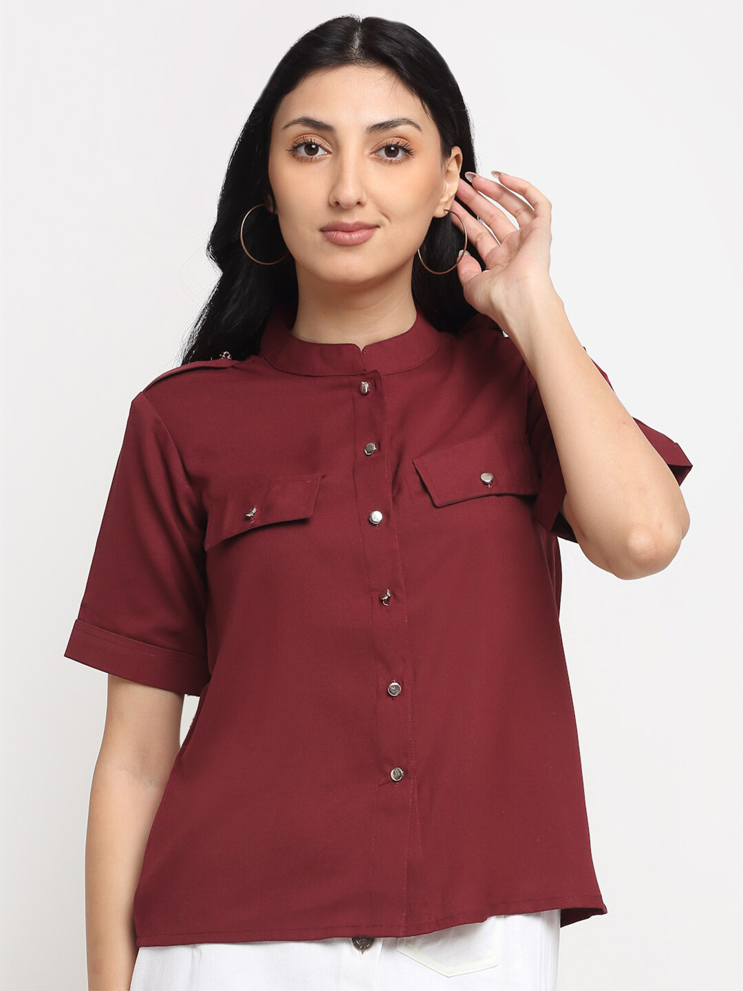 NEUDIS Maroon Mandarin Collar Crepe Shirt Style Top