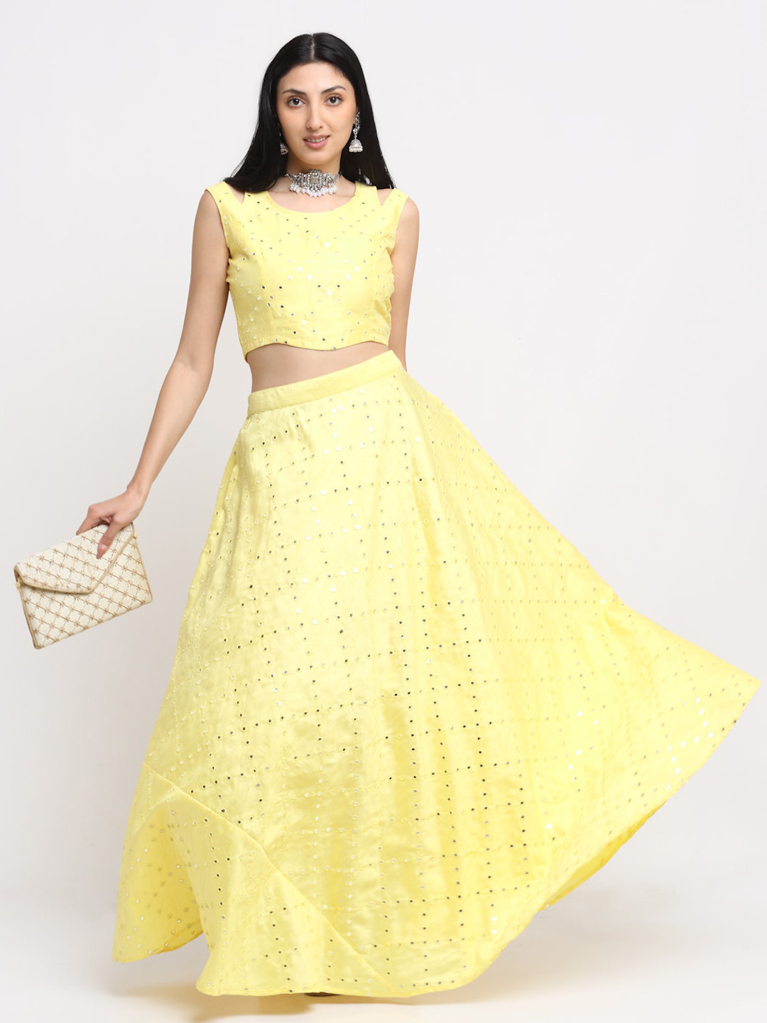 NEUDIS Women Yellow Embellished Flared Maxi Skirt