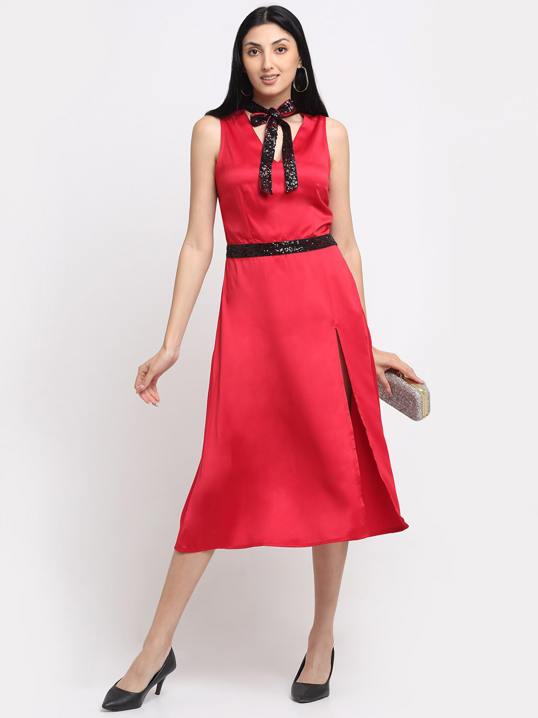 NEUDIS Red Tie-Up Neck Satin Empire Midi Dress