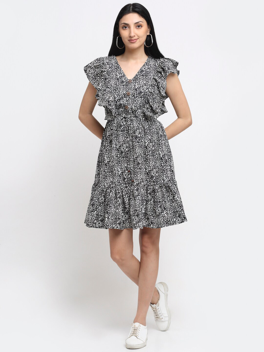NEUDIS Black & White Animal Print Ruffled Midi Dress
