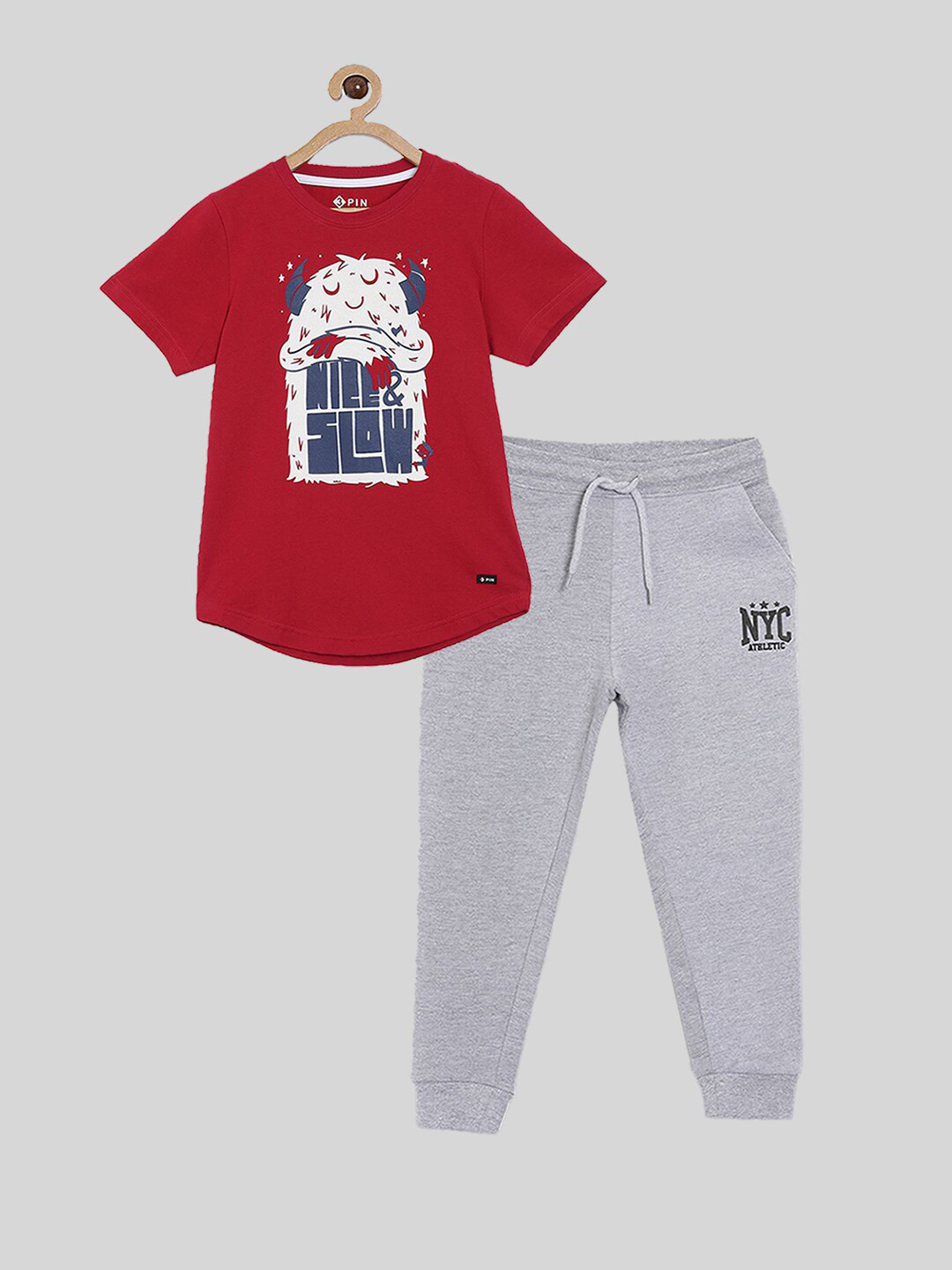 3PIN Boys Red & Grey Printed Pure Cotton T-shirt with Trousers