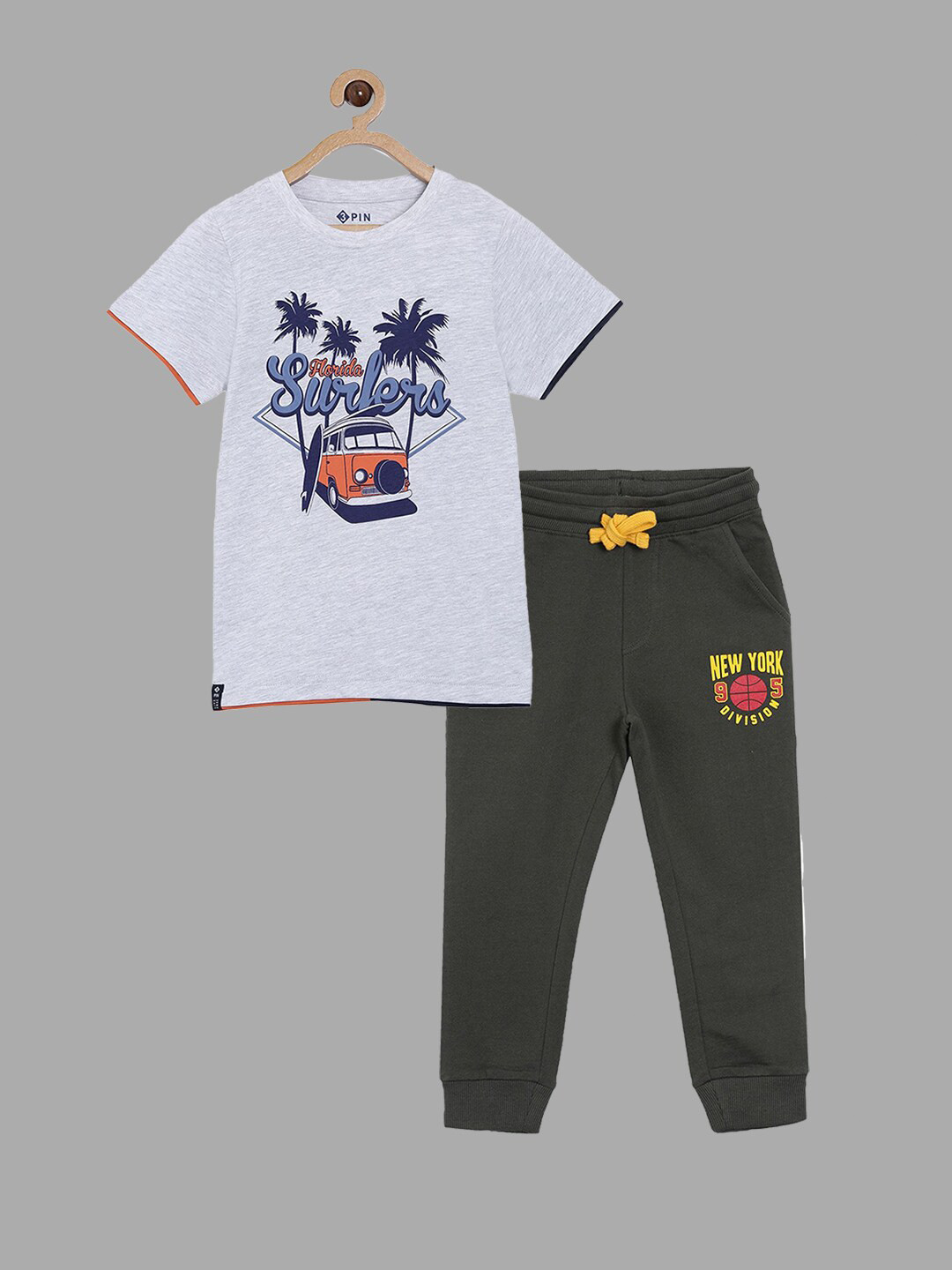 3PIN Boys Grey & Olive Green Printed T-shirt with Trousers