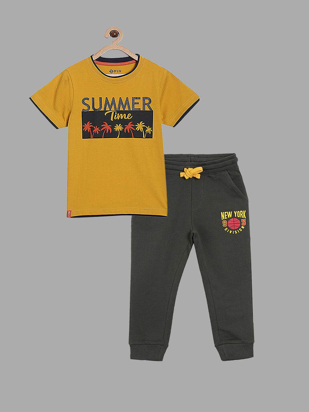 3PIN Boys Yellow & Olive Green Printed T-shirt with Joggers