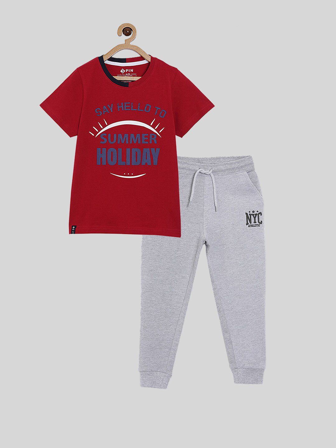 3PIN Boys Red & Grey Printed T-shirt with Trousers