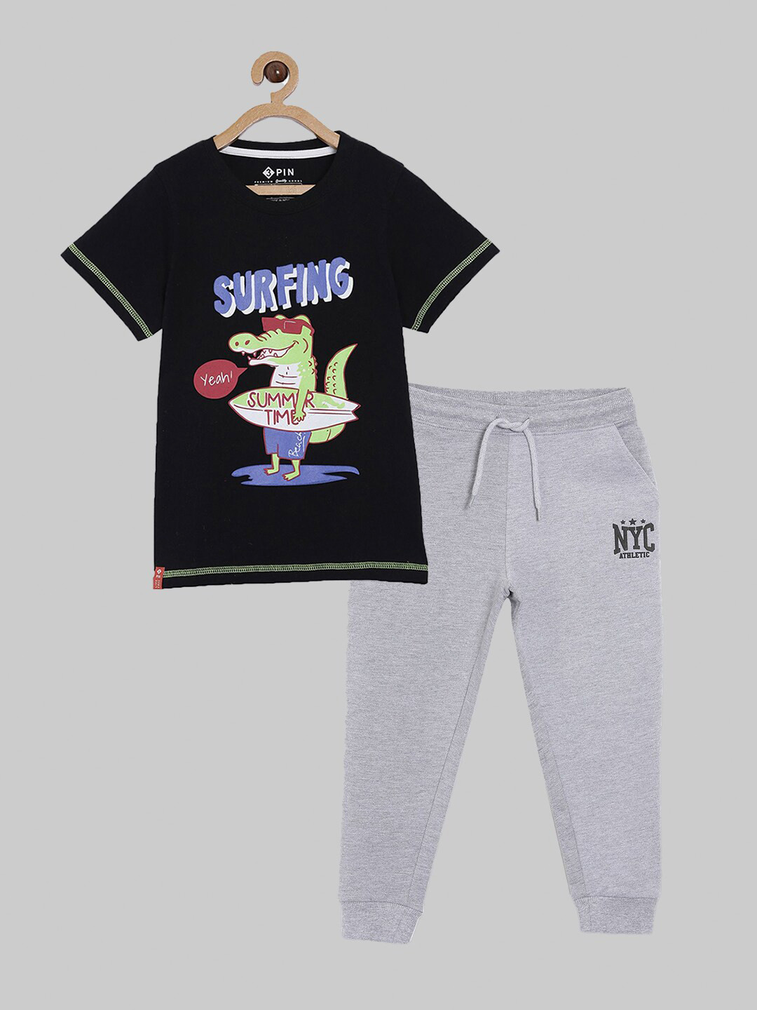 3PIN Boys Black & Grey Printed Pure Cotton T-shirt with Trousers