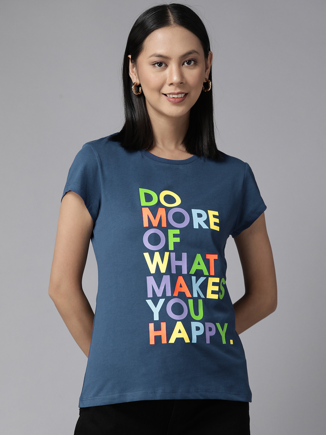 Cayman Women Navy Blue Typography Printed T-shirt