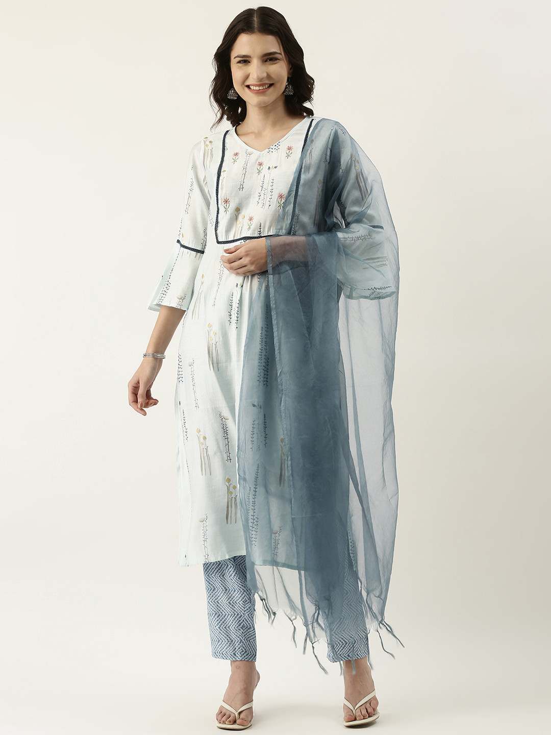 RangDeep Women Blue & White Floral Printed Thread Work Kurta with Trousers & Dupatta