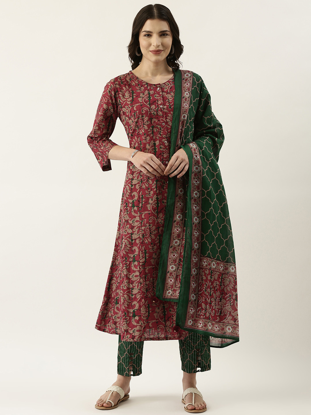 RangDeep Women Maroon & Green Ethnic Printed Pure Cotton Kurta with Trousers & Dupatta