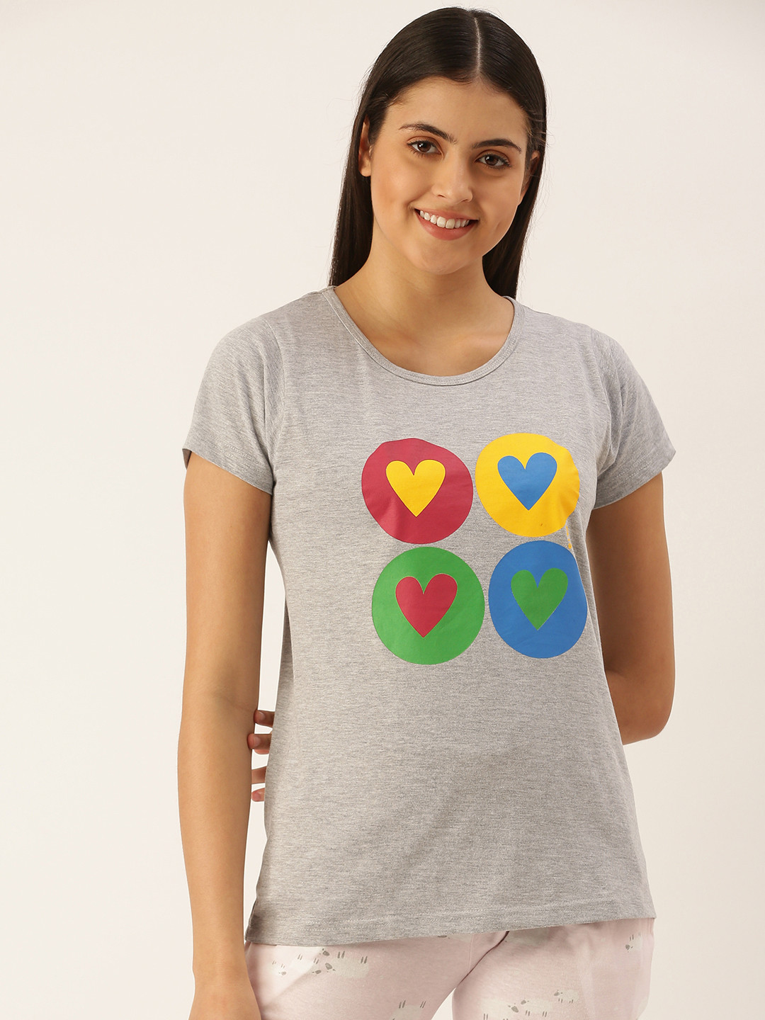Clt.s Women Grey Melange Pure Cotton Graphic Printed Lounge T-shirt