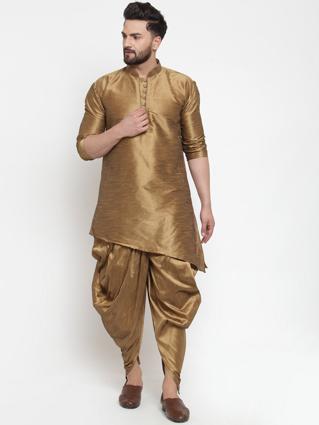 Kaifoo Men Dark Gold-Toned Dupion Silk Kurta with Dhoti Pants
