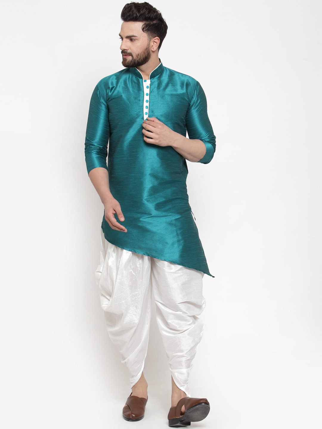 Kaifoo Men Green Dupion Silk Kurta with Dhoti Pants
