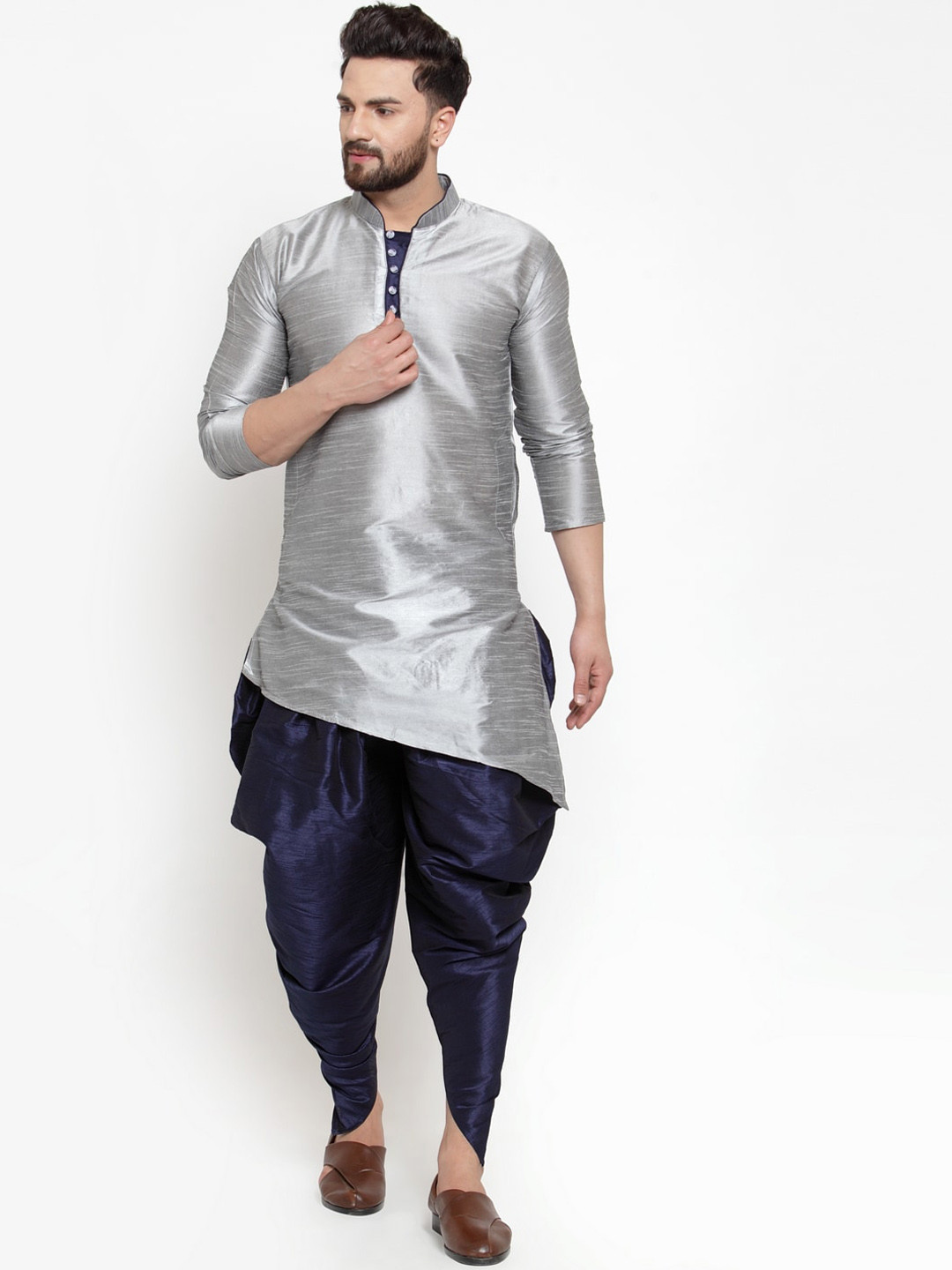 Kaifoo Men Silver-Toned Dupion Silk Kurta with Dhoti Pants