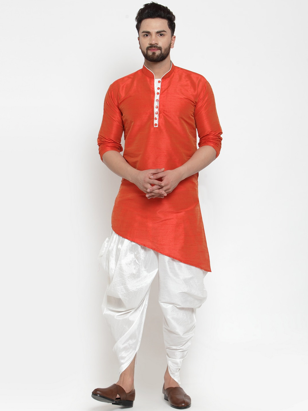 Kaifoo Men Orange Dupion Silk Kurta with Dhoti Pants