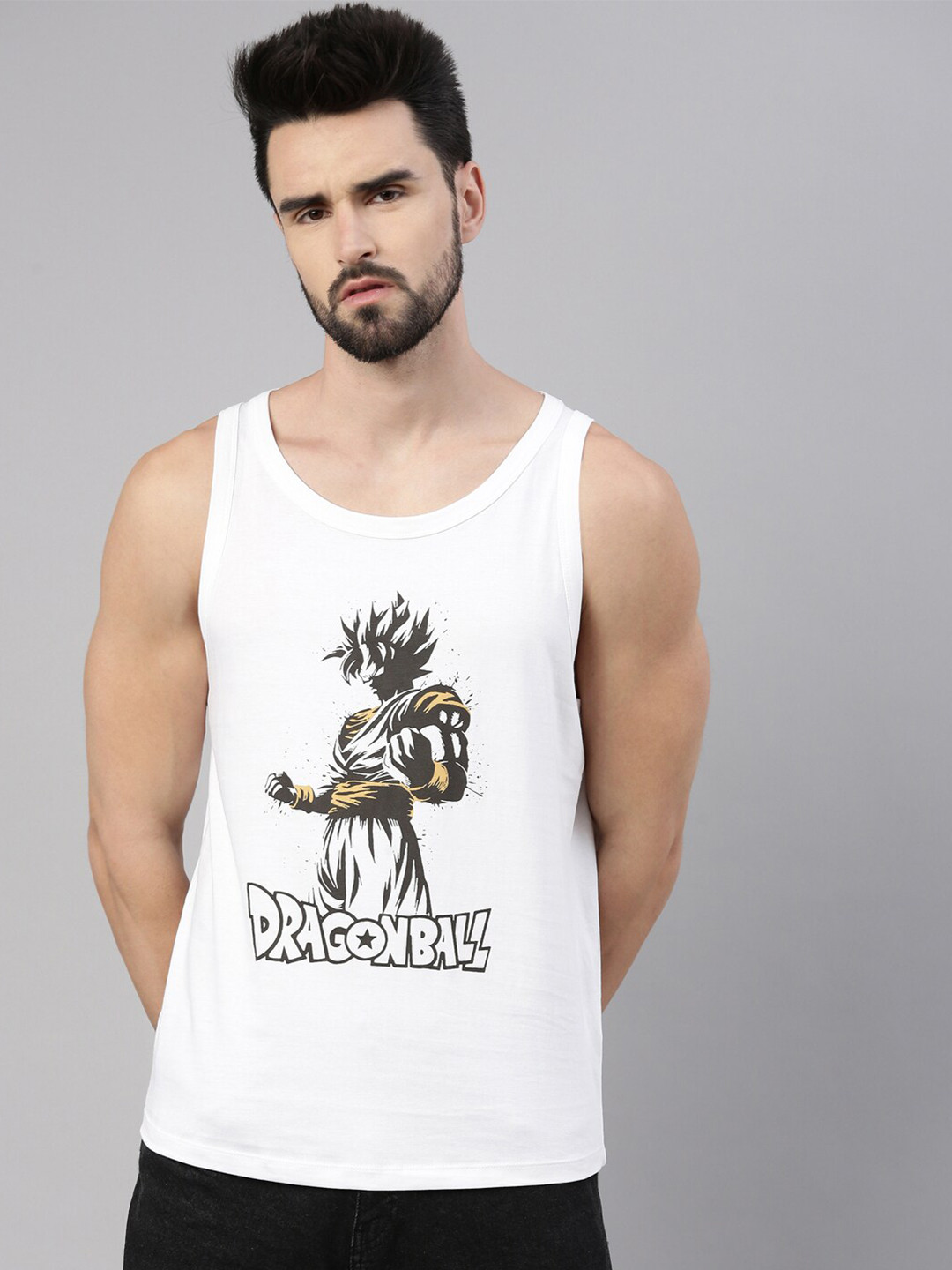 Bushirt White Typography Dragon Ball Z Printed Cotton Vest