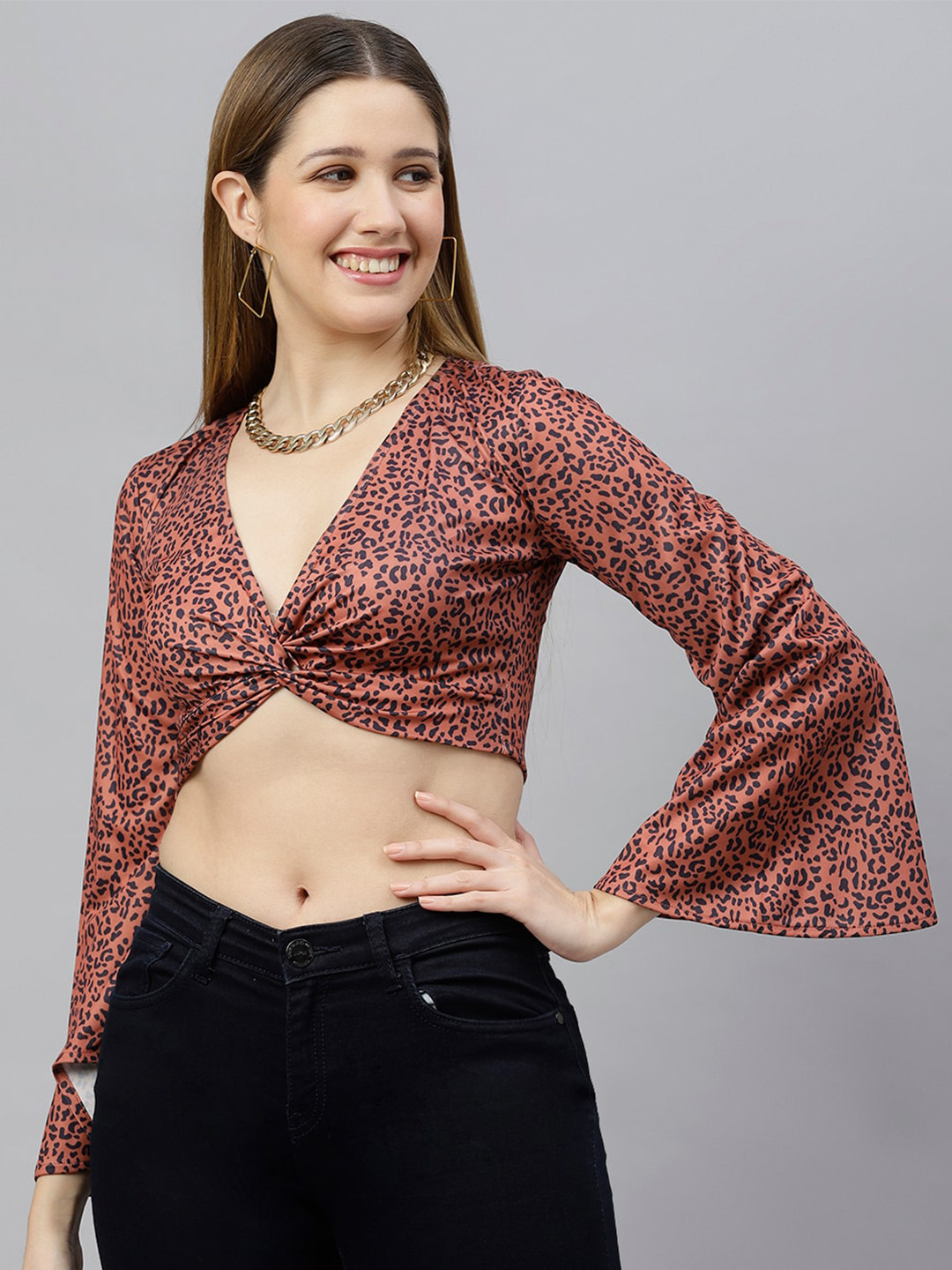 FLAMBOYANT Brown Animal Print Crop Top