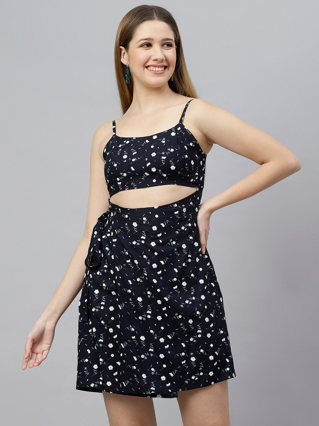 FLAMBOYANT Navy Blue Floral A-Line Mini Dress
