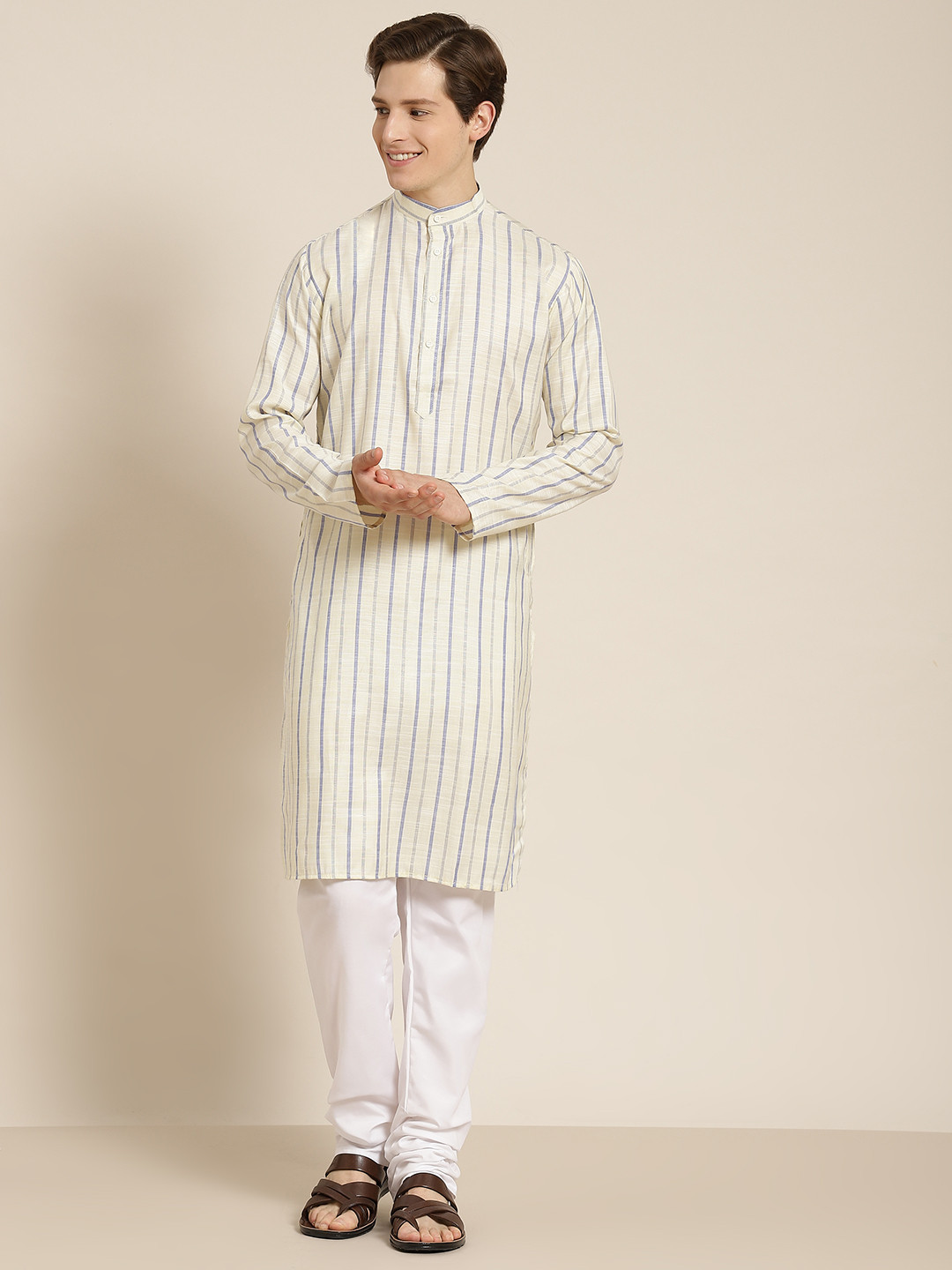 SOJANYA Men Cream-Coloured Pure Cotton Striped Kurta with Churidar