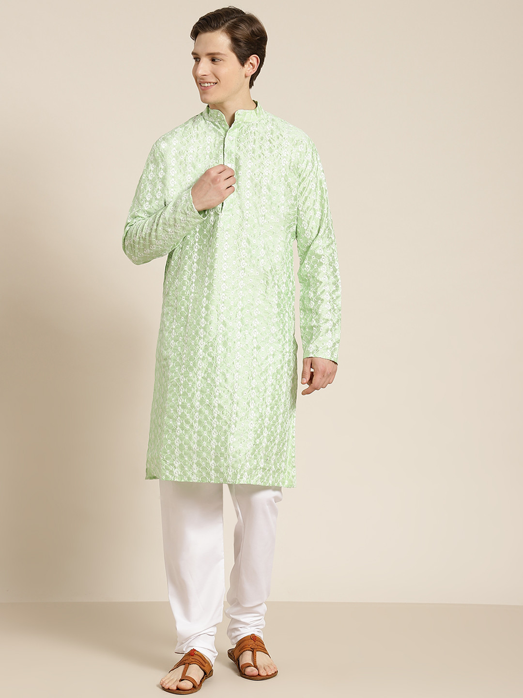 SOJANYA Men Sea Green Ethnic Motifs Embroidered Kurta with Churidar