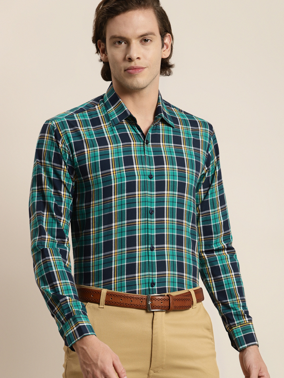 SOJANYA Men Green Tartan Checks Formal Shirt