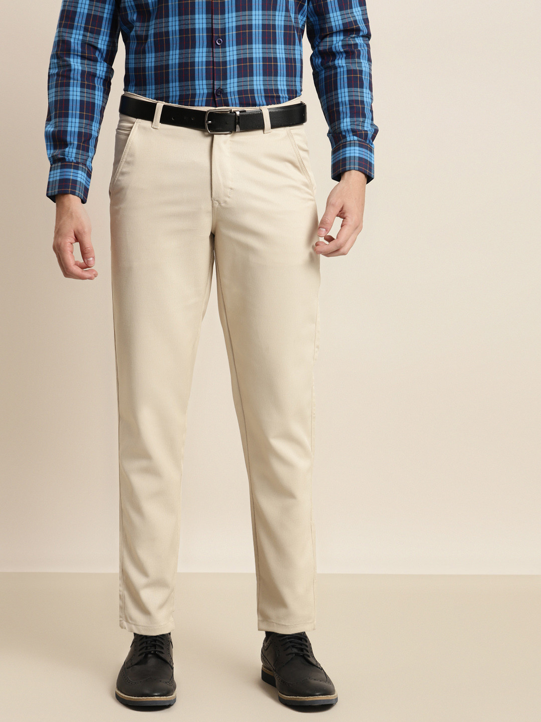 SOJANYA Men Cream-Coloured Textured Trousers