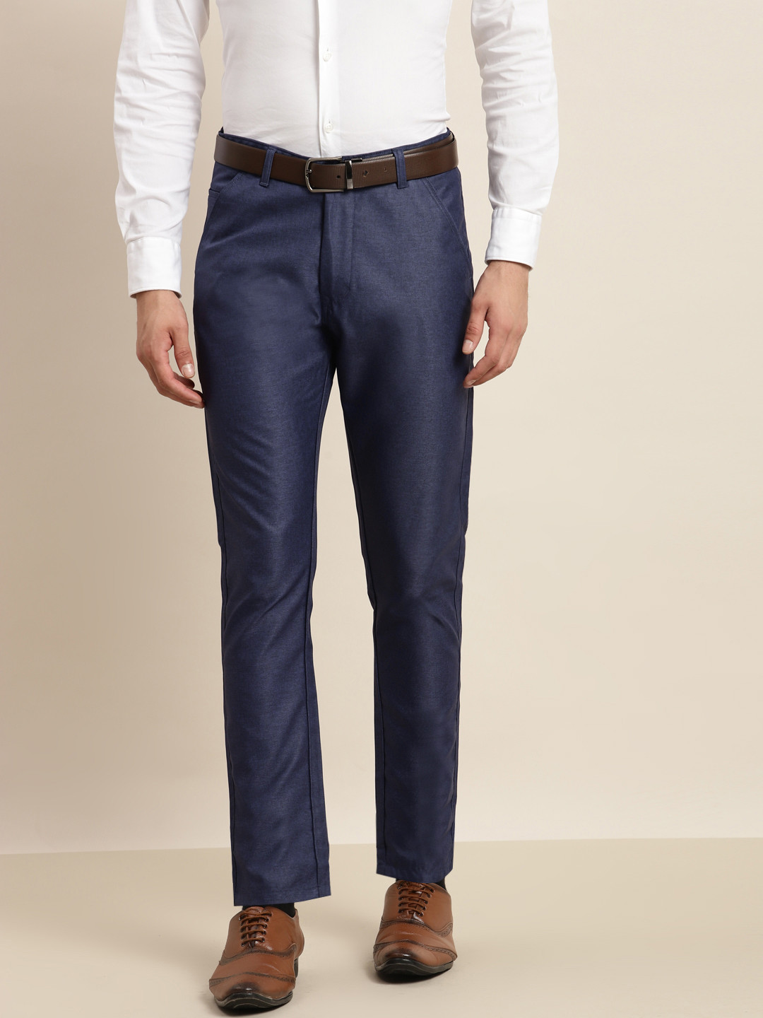 SOJANYA Men Navy Blue Solid Smart Formal Trousers
