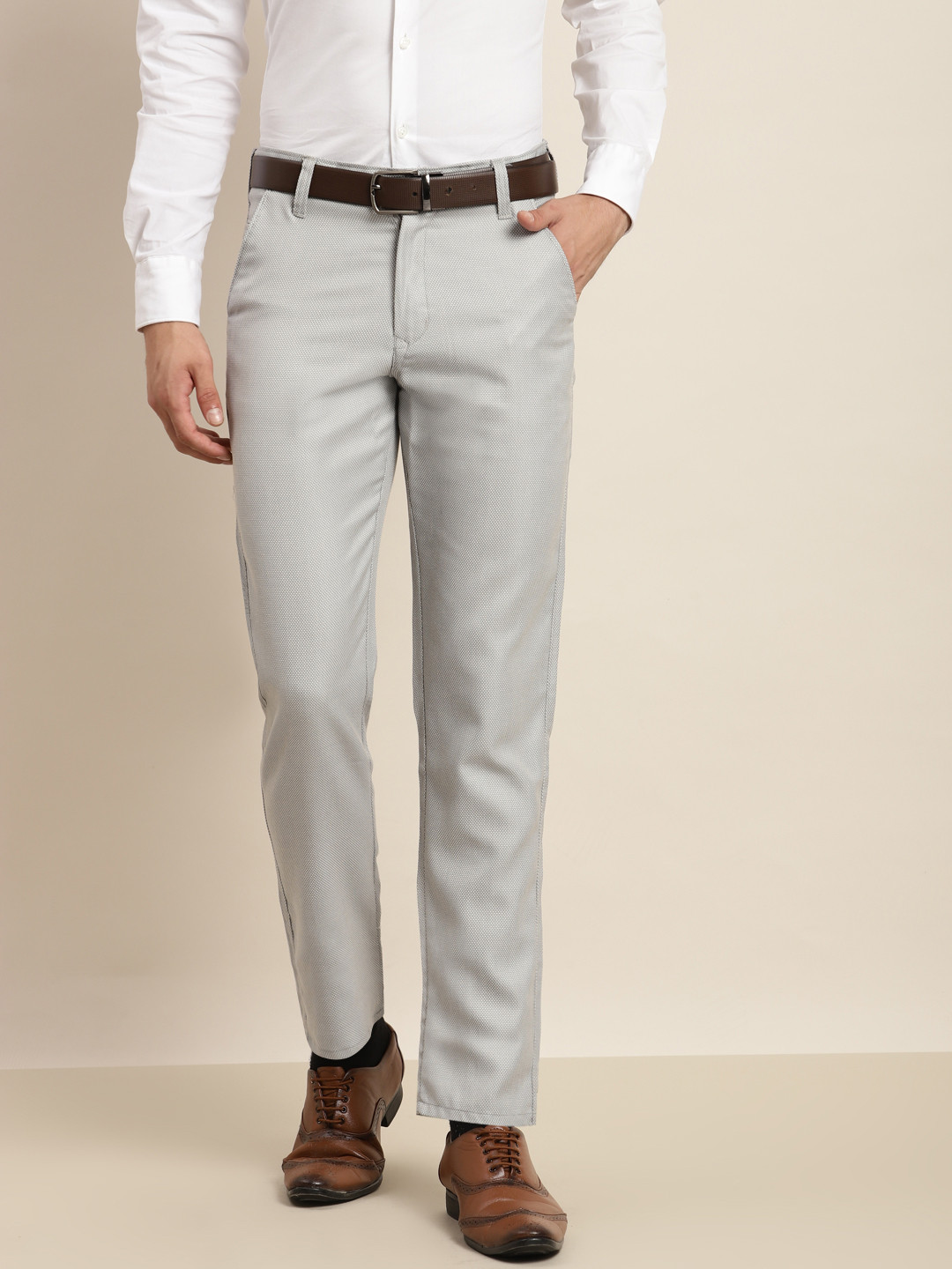 SOJANYA Men Grey Textured Smart Formal Trousers