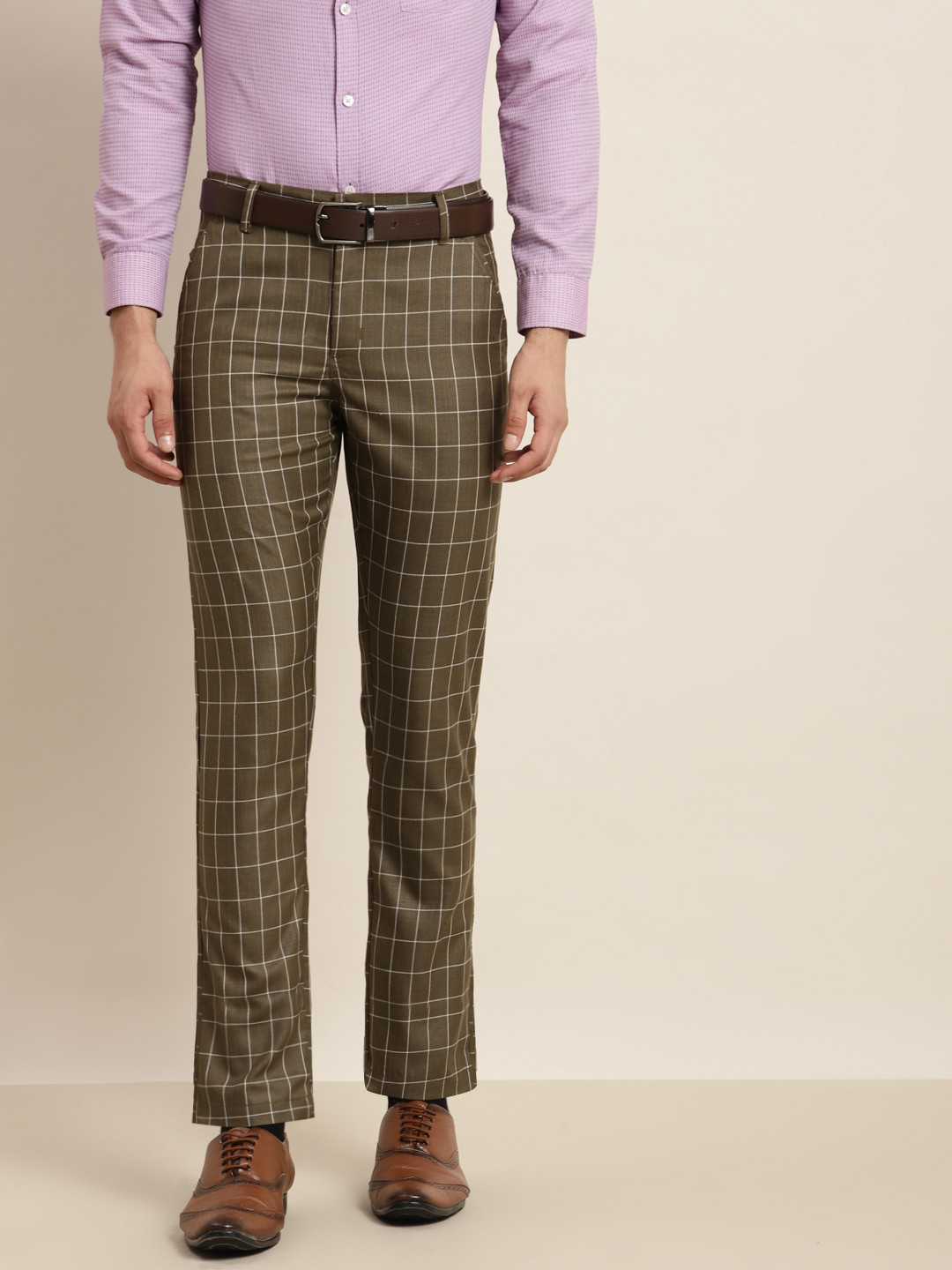 SOJANYA Men Green Checked Smart Formal Trousers
