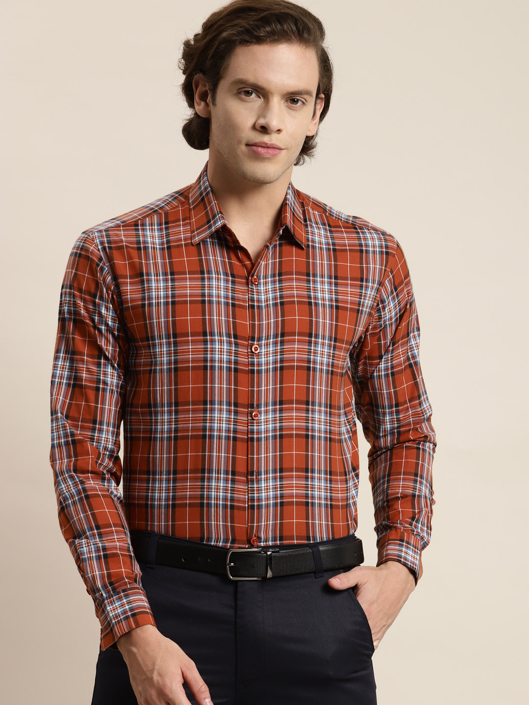 SOJANYA Men Rust Tartan Checks Formal Shirt