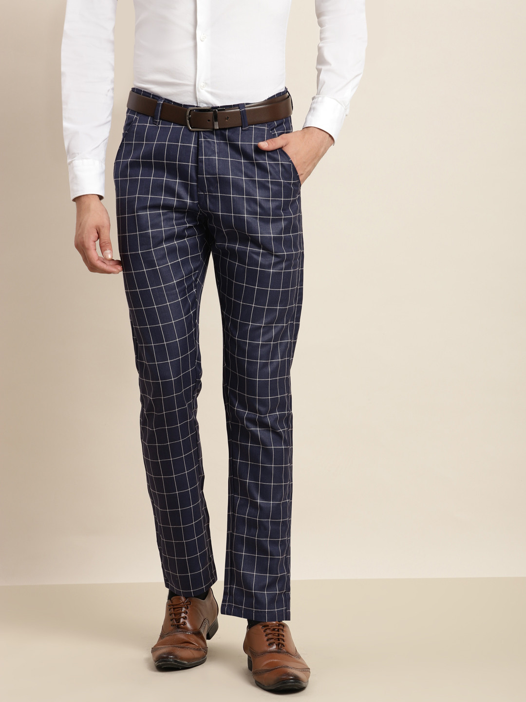 SOJANYA Men Navy Blue Checked Mid-Rise Formal Trousers