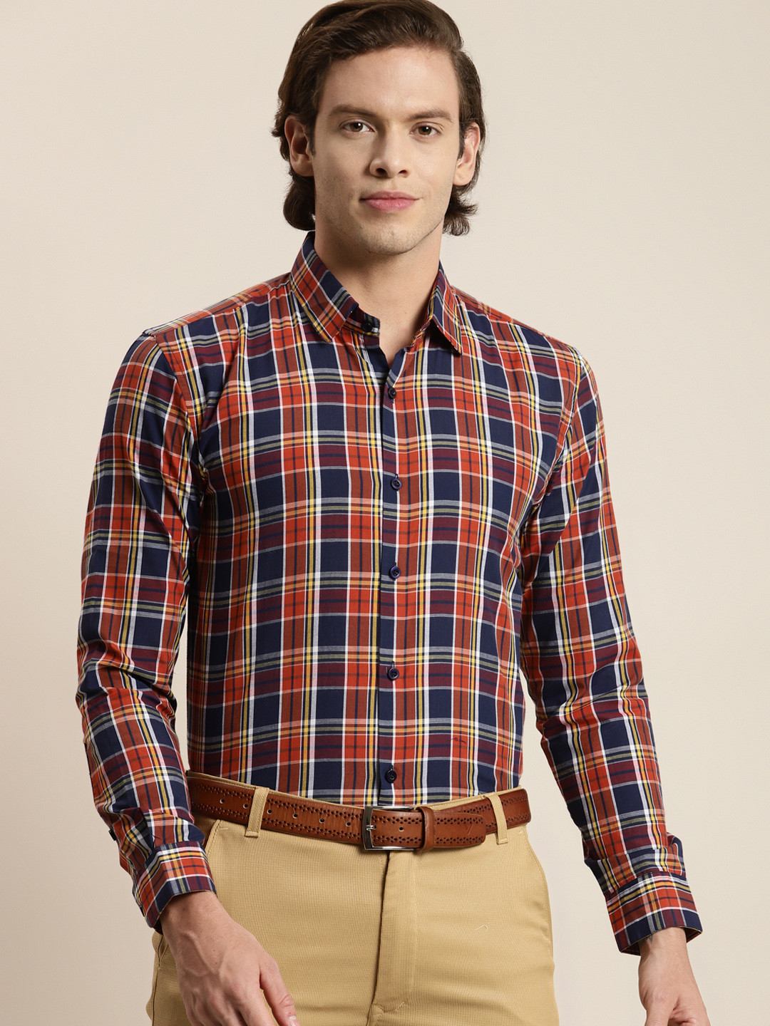 SOJANYA Men Orange Tartan Checks Formal Shirt