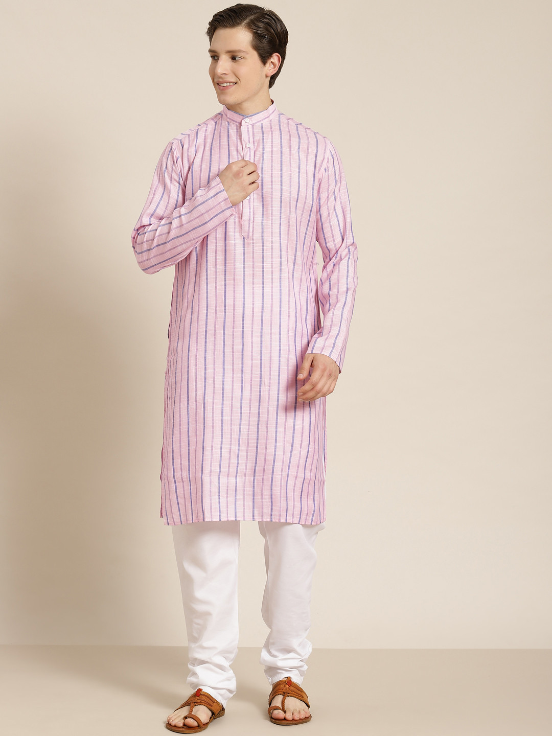SOJANYA Men Pink Pure Cotton Striped Kurta with Churidar