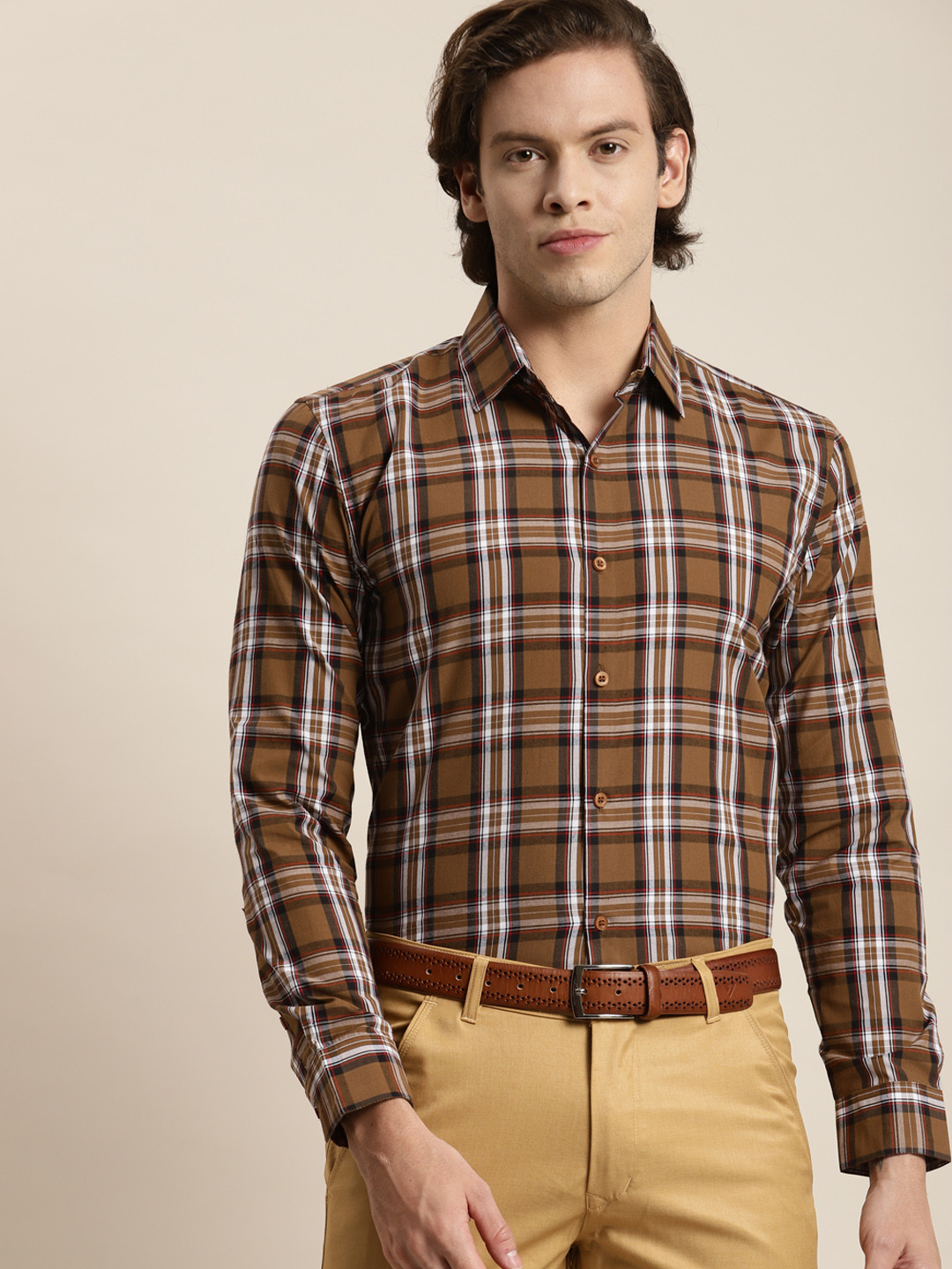 SOJANYA Men Brown Tartan Checks Formal Shirt