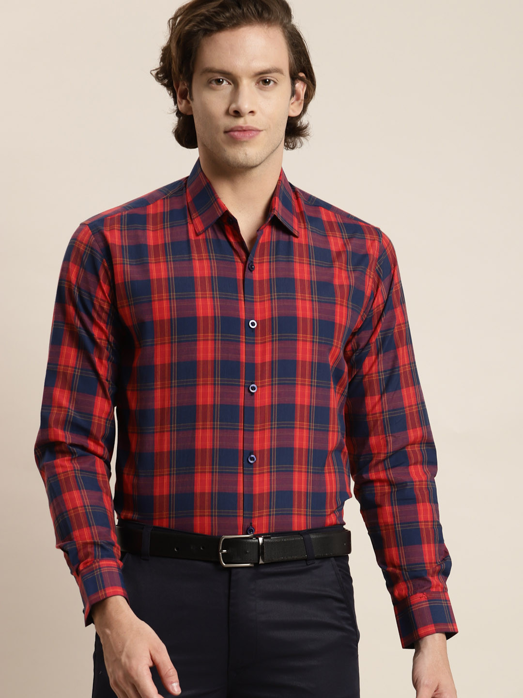 SOJANYA Men Navy Blue Tartan Checks Formal Shirt
