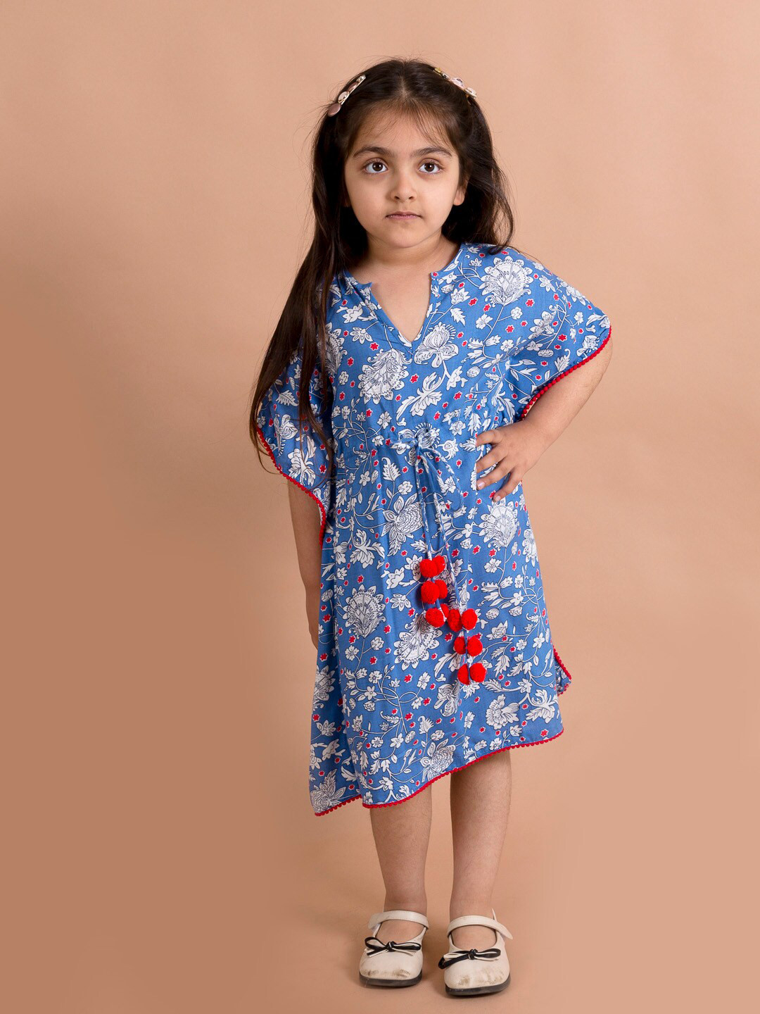 Fairies Forever Blue & Red Kalamkari Kaftan Cotton Midi Dress