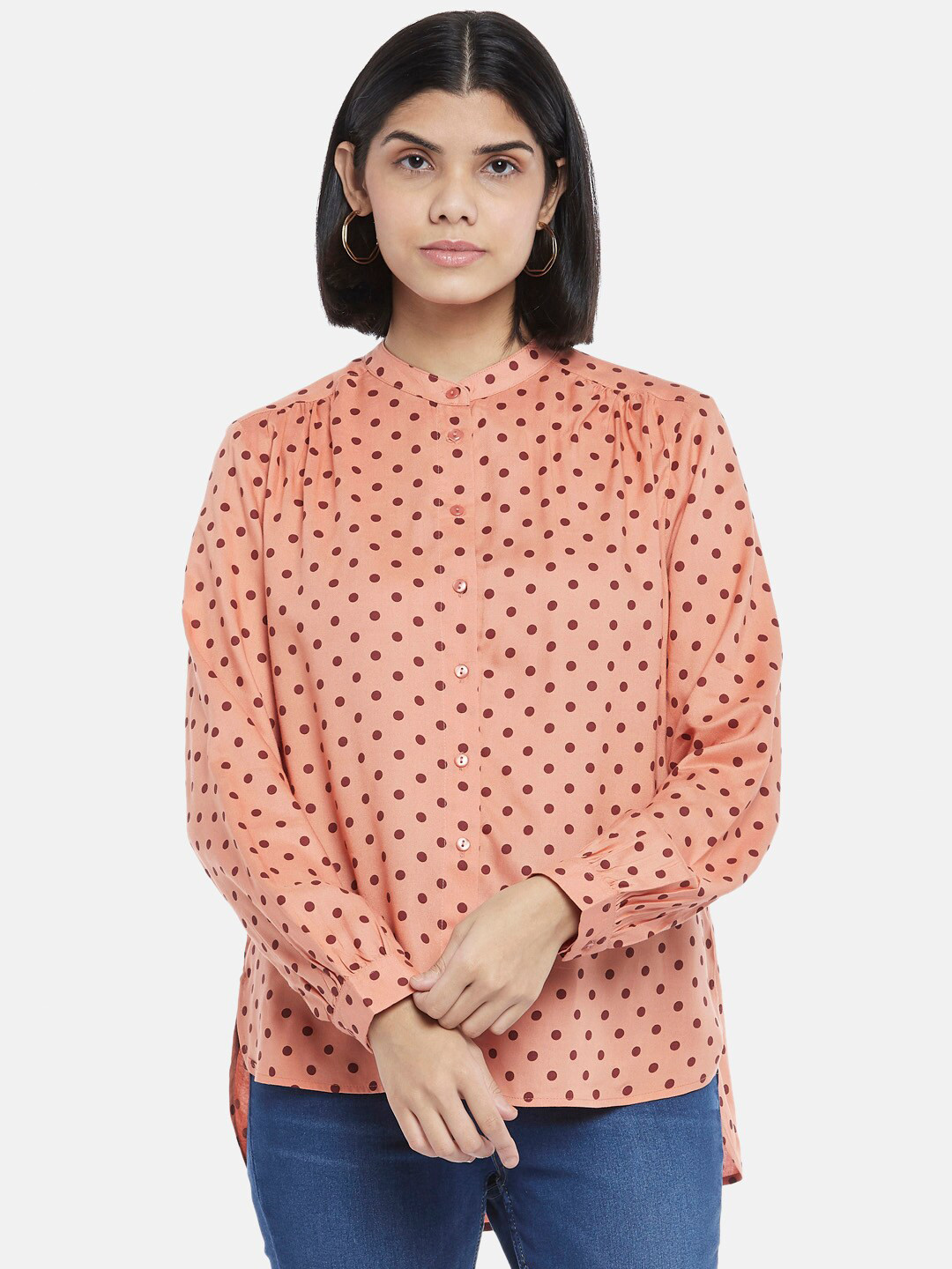 Honey by Pantaloons Pink Polka Dots Print Mandarin Collar Top