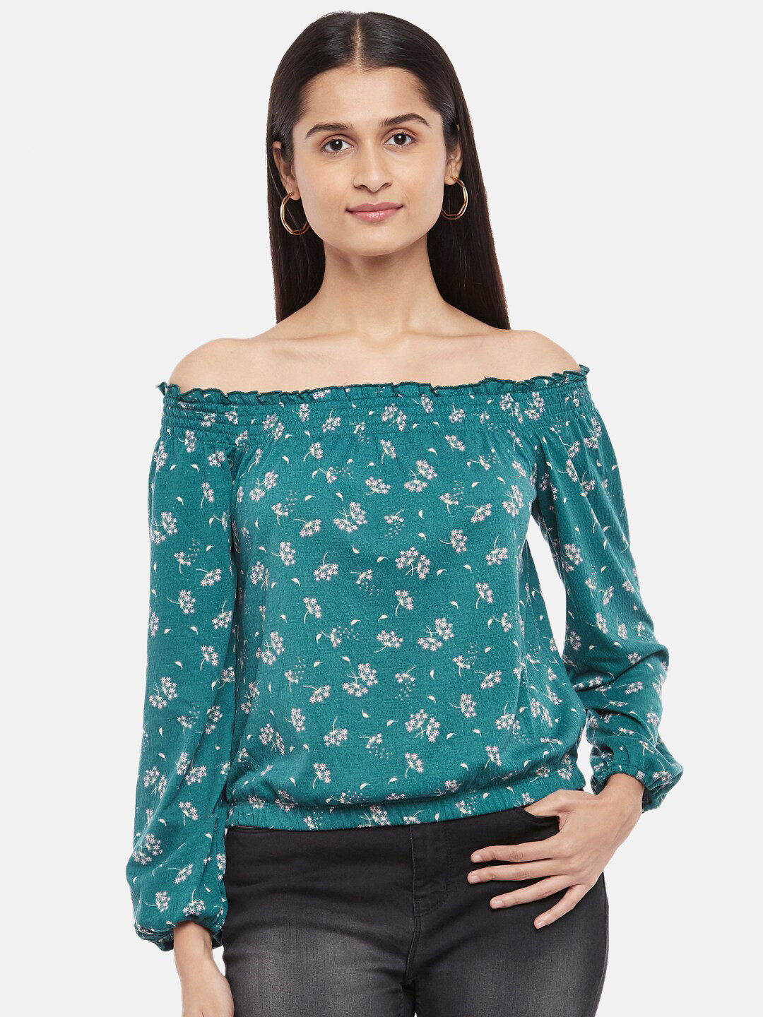 Honey by Pantaloons Teal Floral Print Off-Shoulder Bardot Top