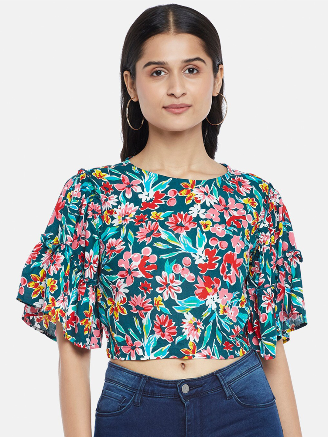 People Teal & Blue Floral Print Crop Top