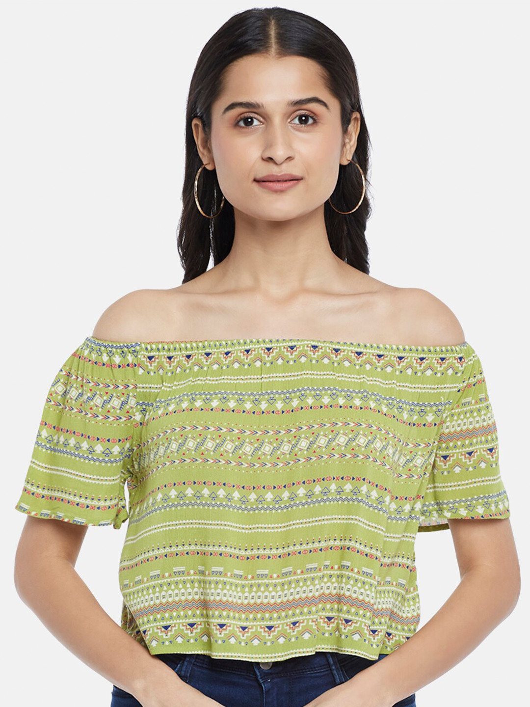People Lime Green Printed Crepe Top