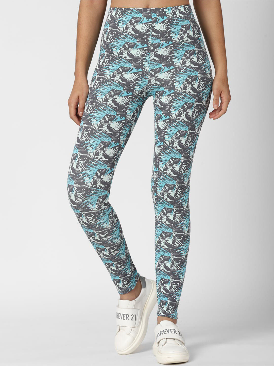 FOREVER 21 Women Blue Printed High Rise Leggings