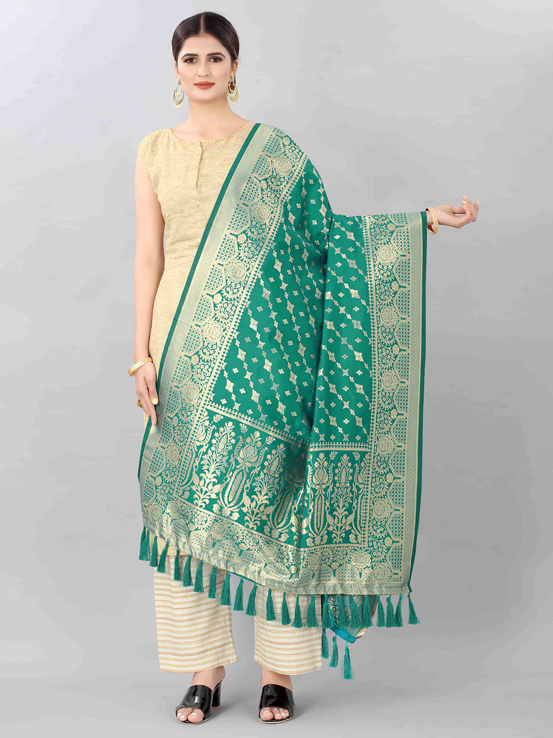 Silk Land Green & Gold-Toned Ethnic Motifs Woven Design Dupatta with Zari