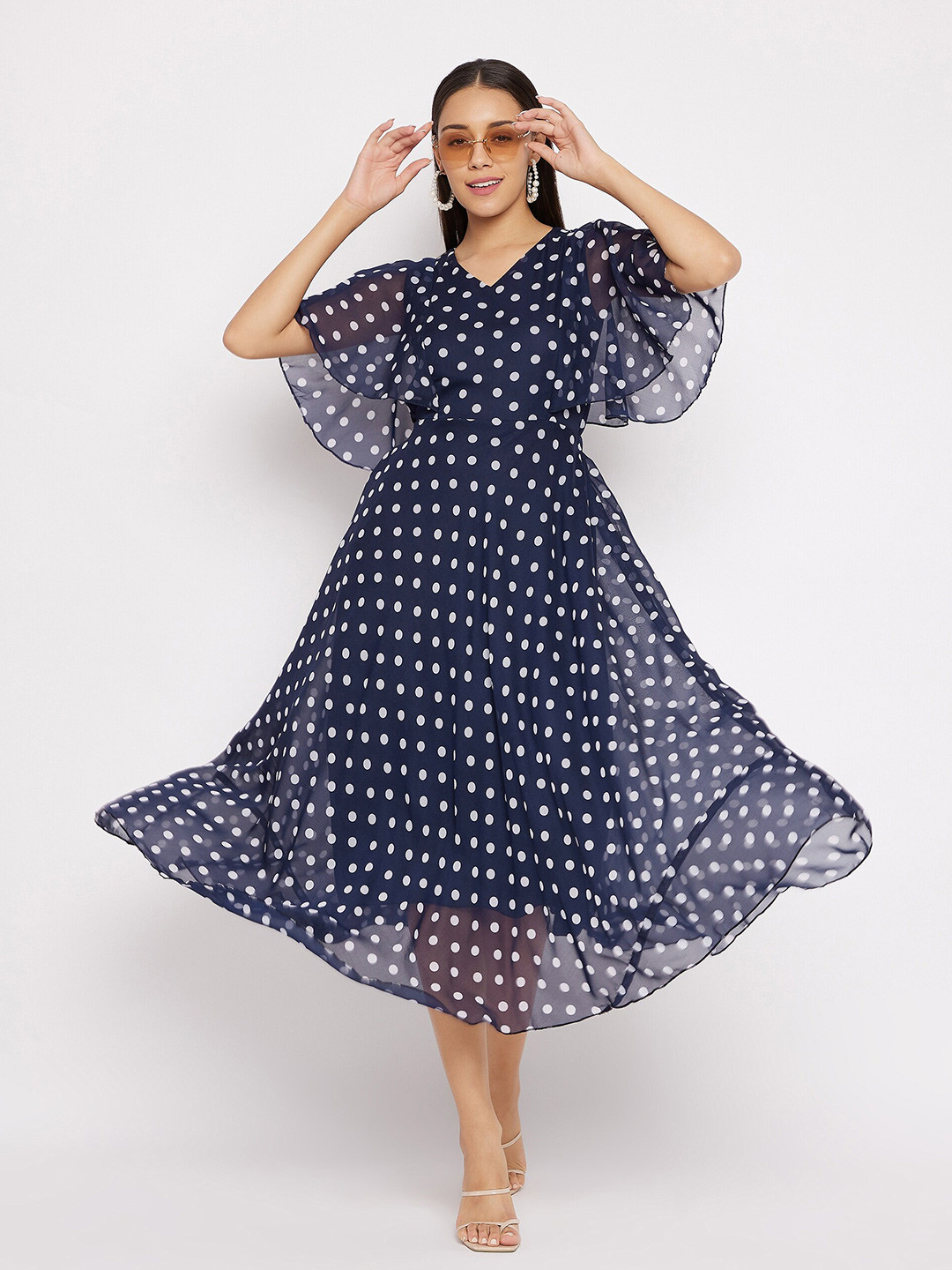 HELLO DESIGN Navy Blue Polka Dot Printed Georgette Midi Dress