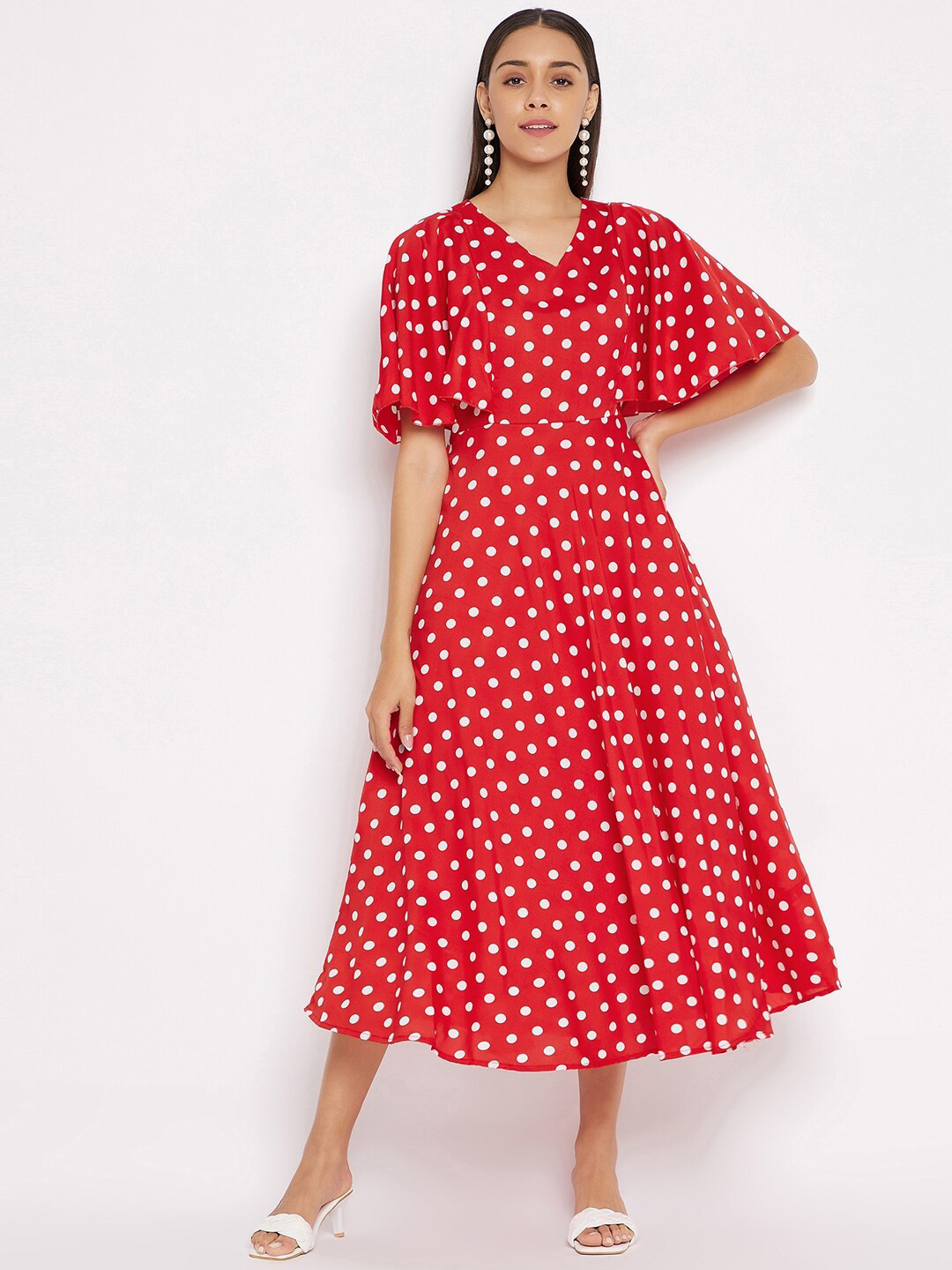 HELLO DESIGN Red & White Crepe Midi Dress