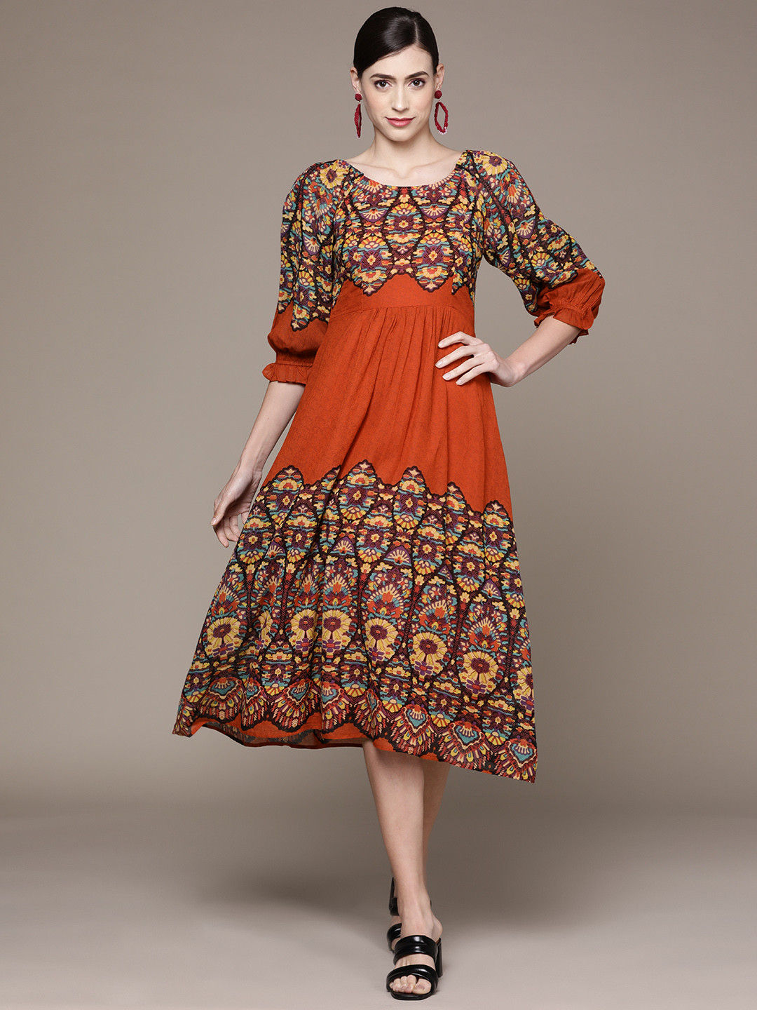 Label Ritu Kumar Women Rust Red & Black Ethnic Motifs Georgette A-Line Midi Dress