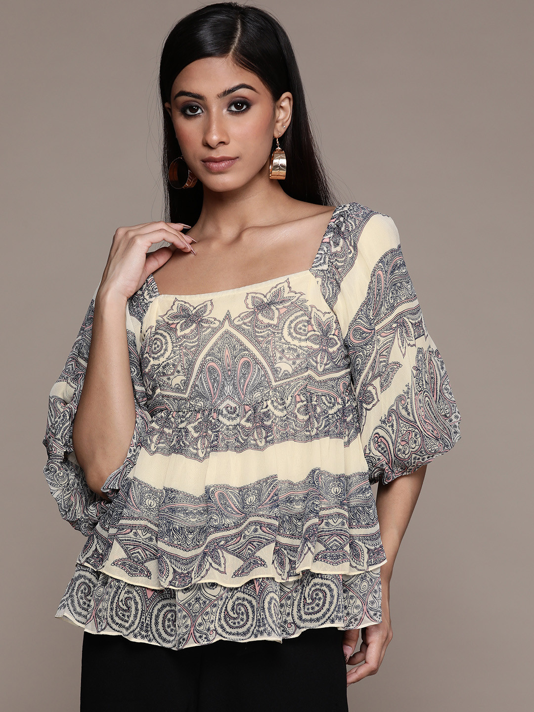 Label Ritu Kumar Off White & Blue Print Georgette Bardot Top