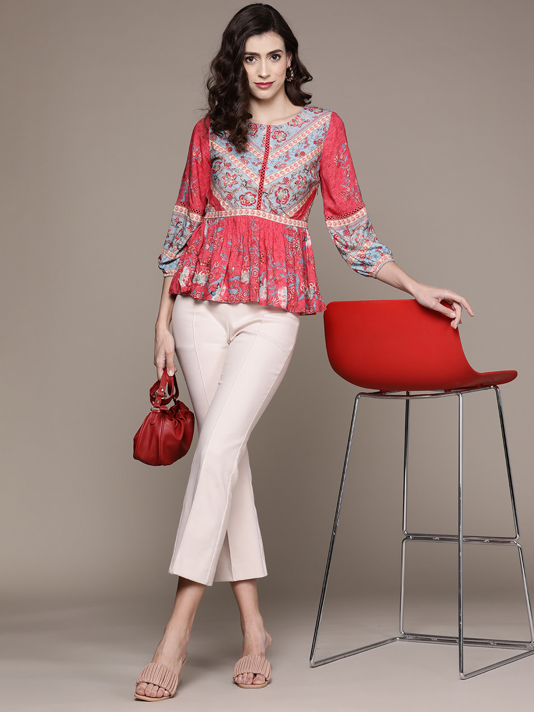 Label Ritu Kumar Women Pink & Blue Print Peplum Top