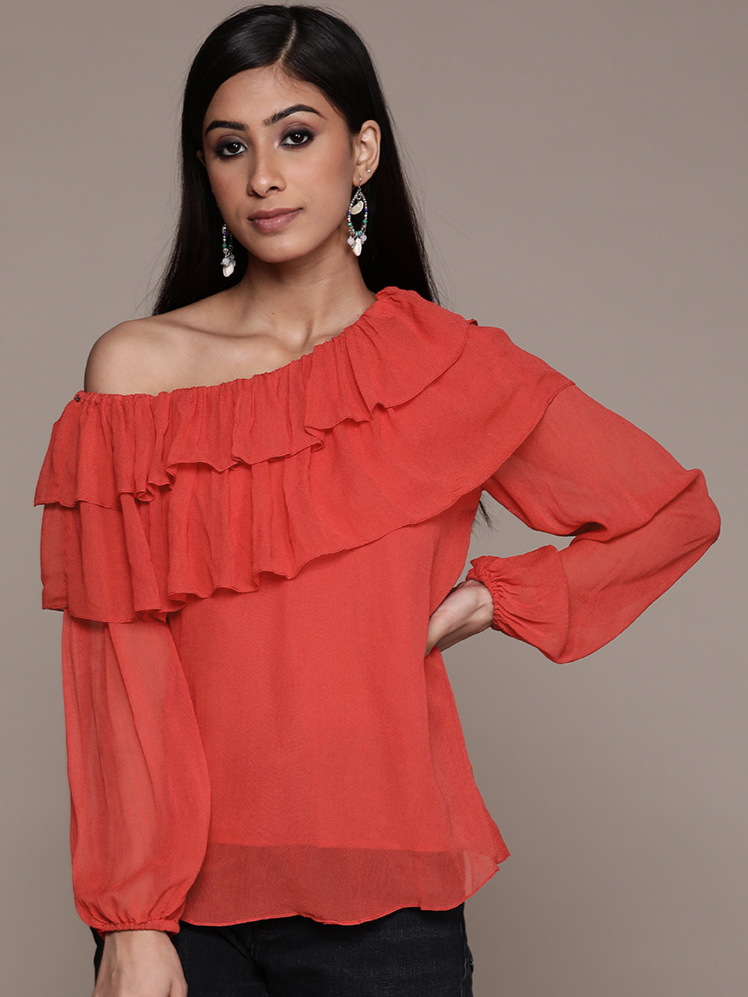 Label Ritu Kumar Women Red One Shoulder Ruffles Top