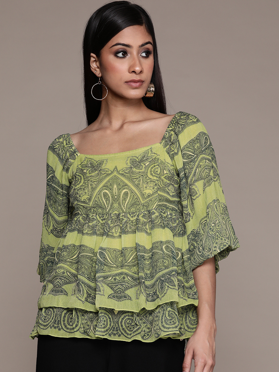 Label Ritu Kumar Green Print Georgette Bardot Top