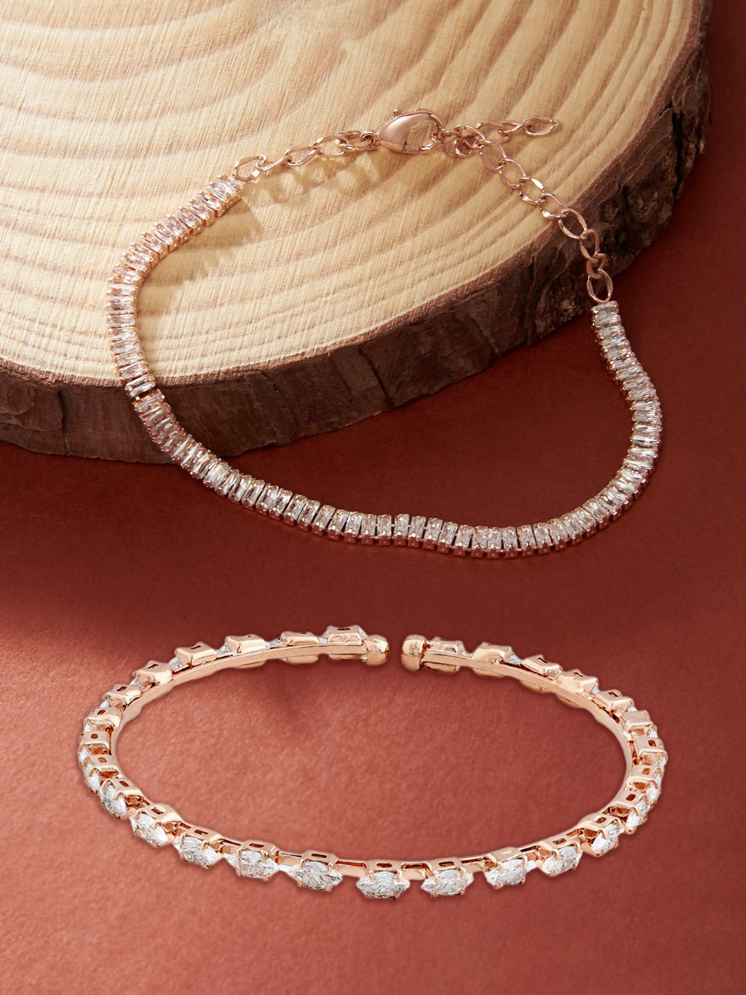 Zaveri Pearls Women Set of 2 Rose Gold-Plated  Brass Cubic Zirconia Wraparound Bracelet