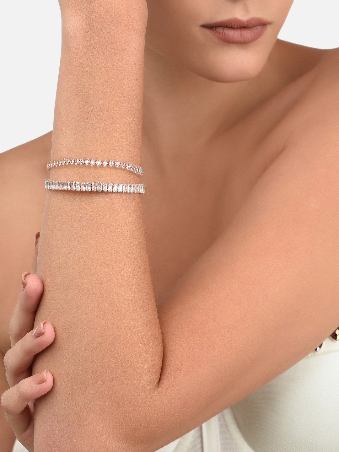 Zaveri Pearls Set of 2 Rose Gold-Plated White Brass Cubic Zirconia Wraparound Bracelet